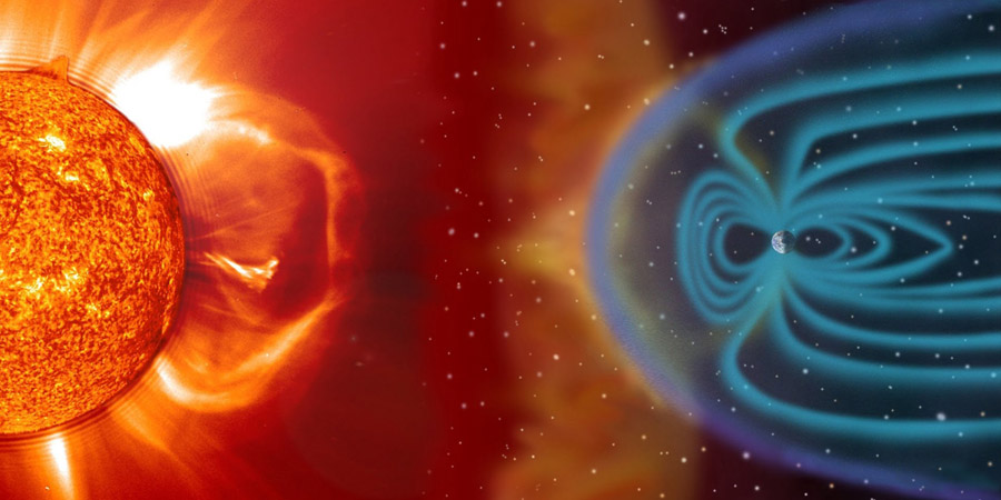 Vue d’artiste du vent solaire voyageant depuis le Soleil vers la Terre et frappant le champ magnétique terrestre. L’image n’est pas à l’échelle.